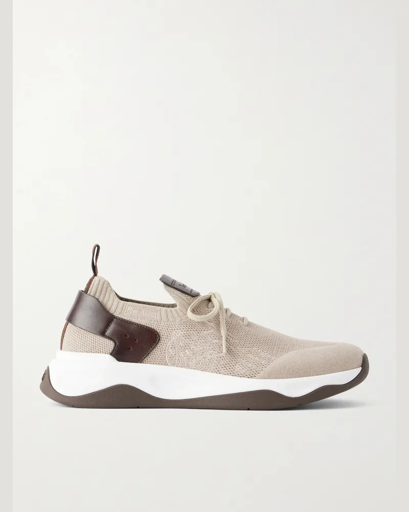 Berluti Shadow Leather-Trimmed Stretch-Knit Sneakers Neutrals
