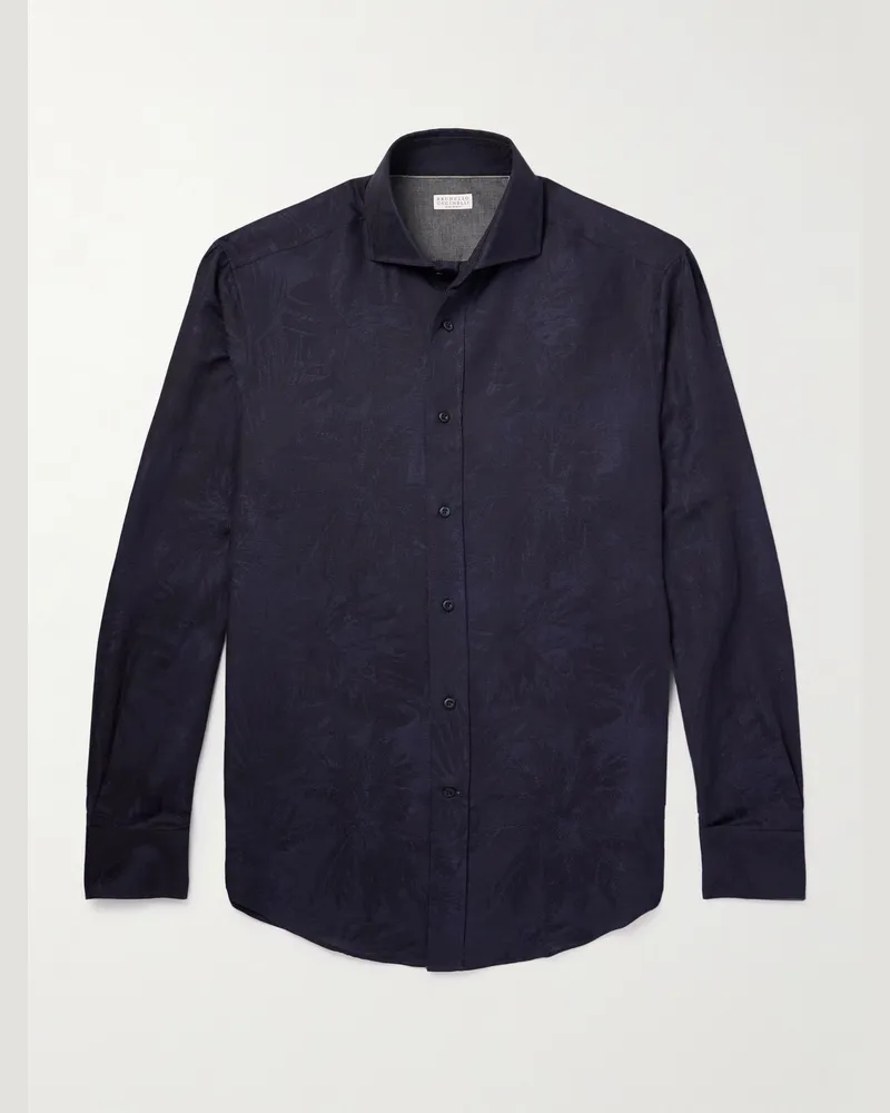 Brunello Cucinelli Hemd aus Jacquard aus einer Baumwoll-Leinenmischung Blau