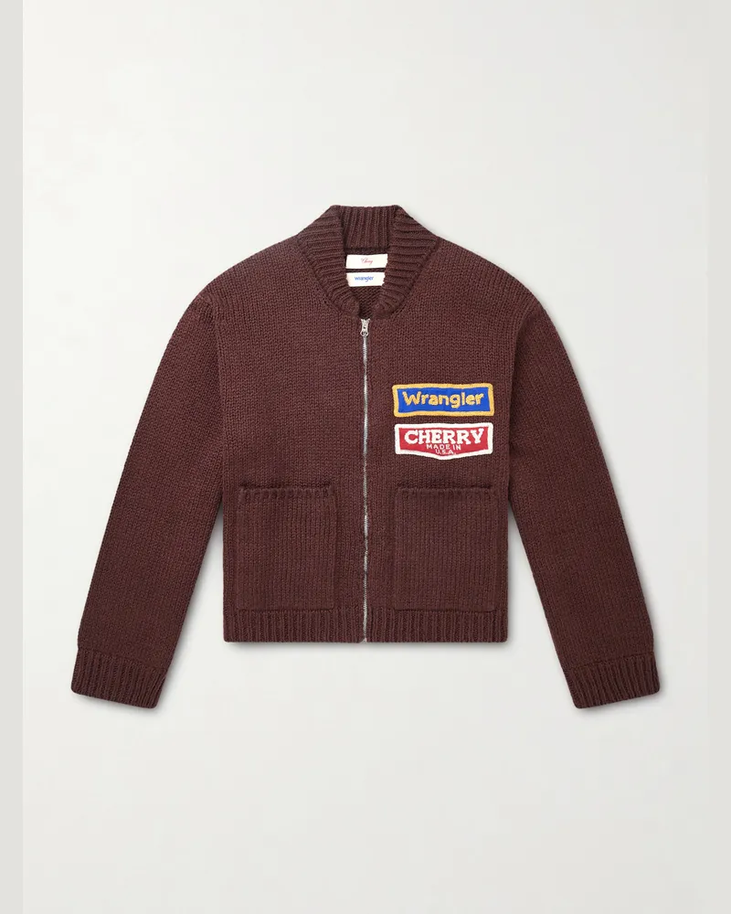 Cherry Los Angeles Wrangler Logo-Appliqued Embroidered Cotton Zip-Up Jacket Brown