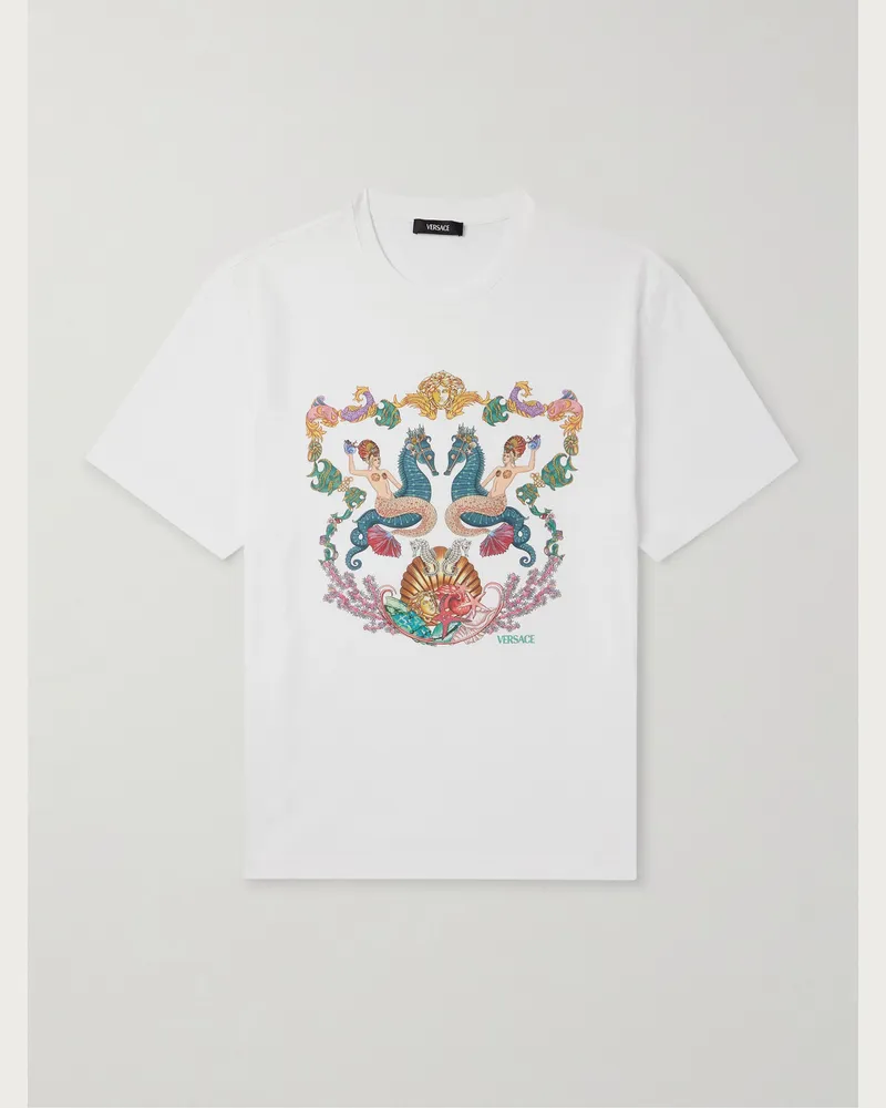 Versace T-Shirt aus Baumwoll-Jersey mit Logoprint Weiß