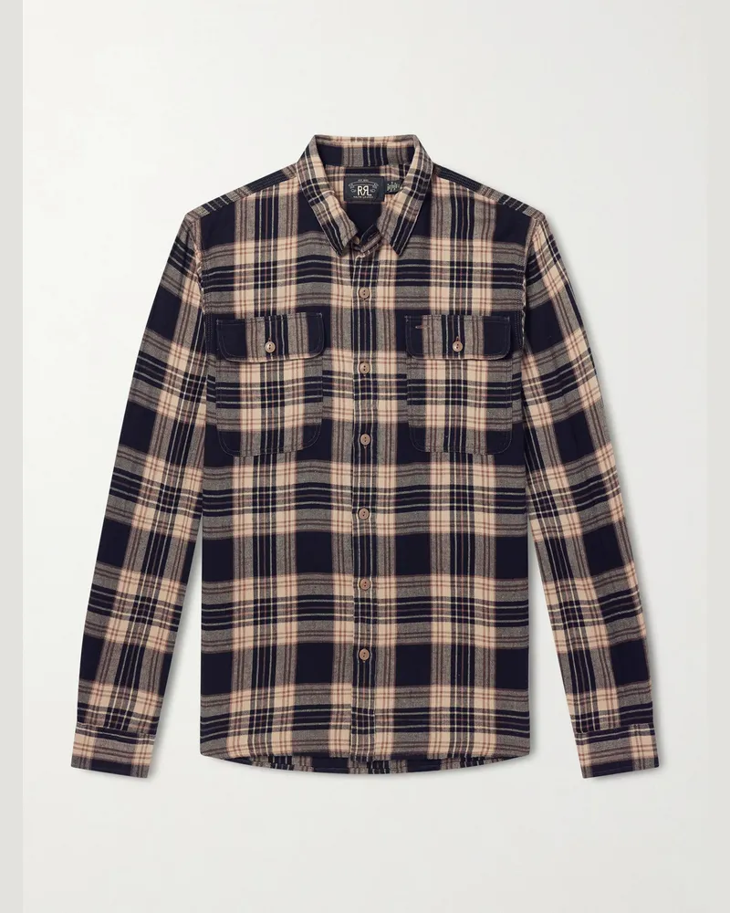 RRL Kariertes Hemd aus Flanell aus einer Baumwoll-Leinenmischung Braun