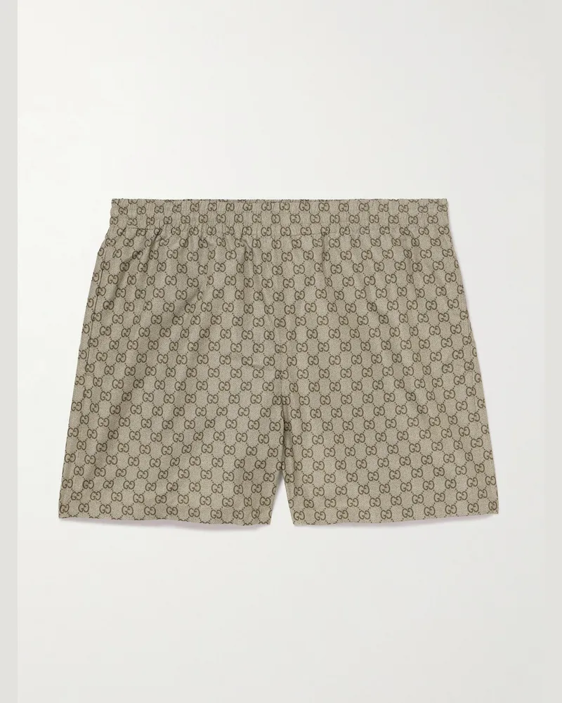 Gucci Straight-Leg Mid-Length Logo-Print Shell Swim Shorts Neutrals