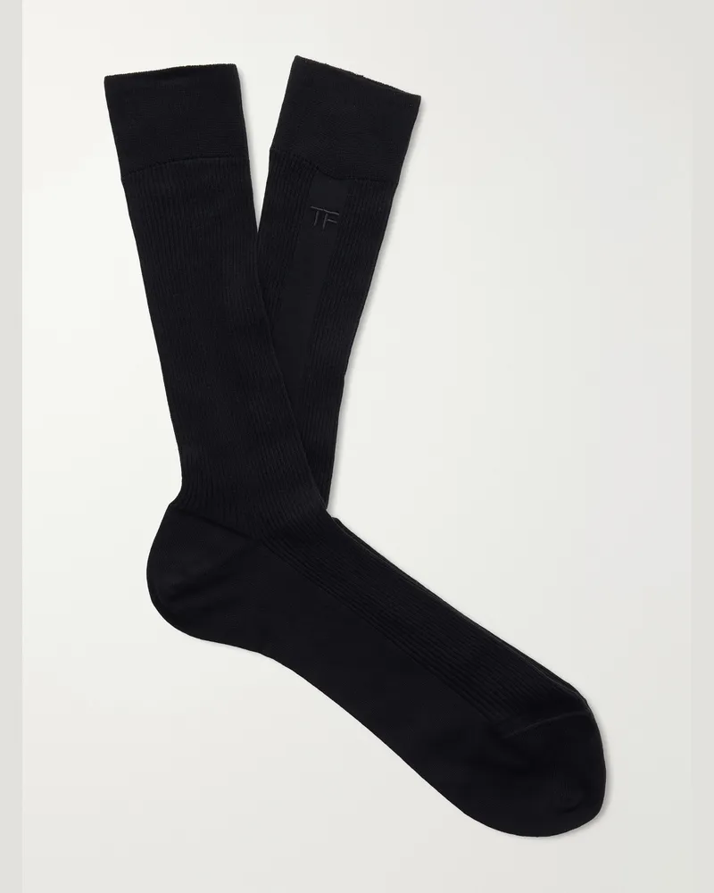 Tom Ford Logo-Embroidered Ribbed Cotton Socks Black