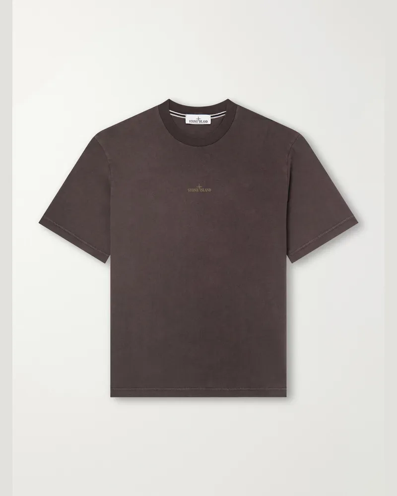 Stone Island Garment-Dyed Printed Organic Cotton-Jersey T-Shirt Brown