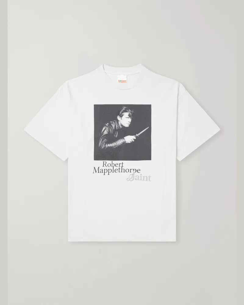 SAINT MXXXXXX Robert Mapplethorpe Self-Portrait Distressed Printed Cotton-Jersey T-Shirt White