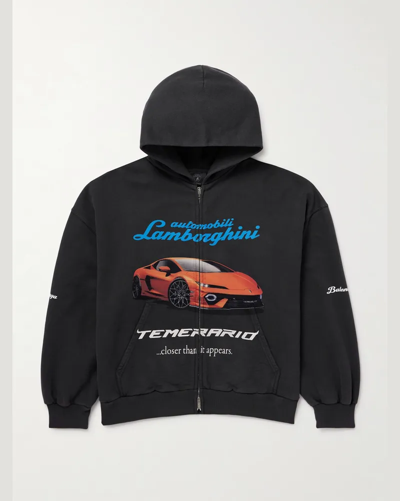 Balenciaga Lamborghini Printed Cotton-Jersey Zip-Up Hoodie Black