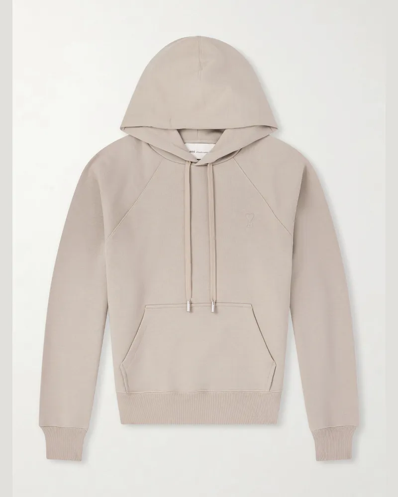 AMI Paris Logo-Embossed Stretch-Cotton Jersey Hoodie Neutrals