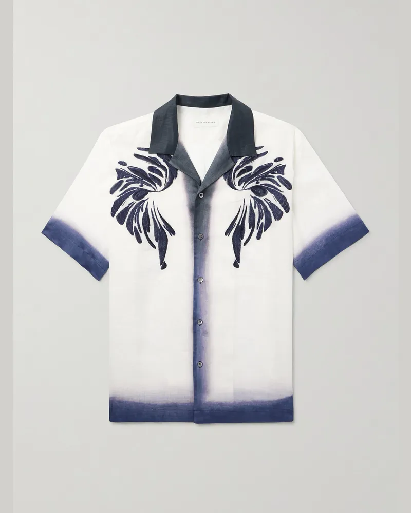 Dries van Noten Camp-Collar Embroidered Dégradé Ramie Shirt Blue