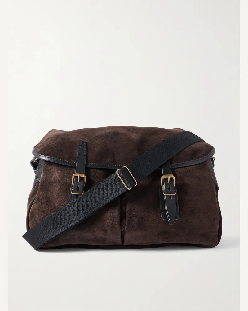 Bleu de Chauffe Fisherman‘s Musette Umhängetasche aus Veloursleder mit Lederbesatz Braun