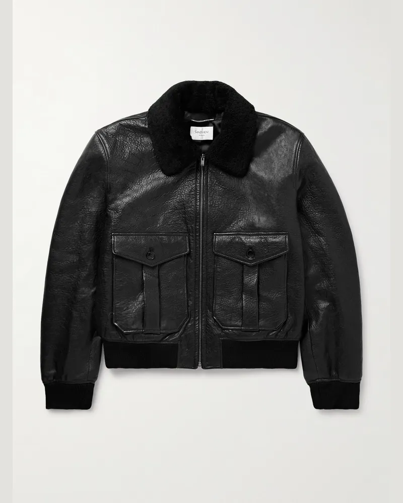 Saint Laurent Shearling-Trimmed Full-Grain Leather Jacket Black