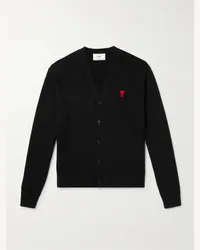 AMI Paris Cardigan aus Schurwolle mit Logostickerei Schwarz