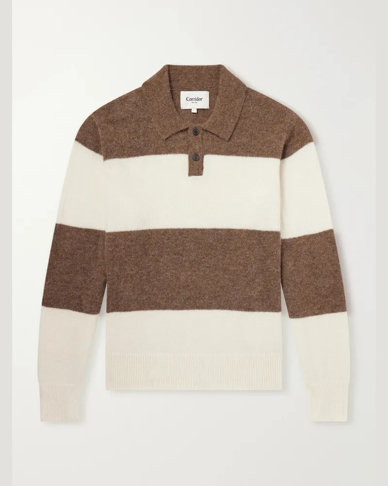 Corridor Striped Woven Brushed Alpaca-Blend Polo Sweater Brown