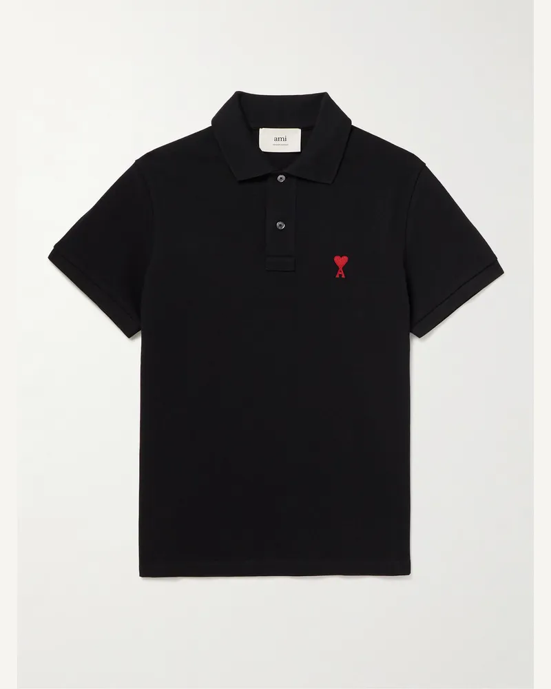 AMI Paris Logo-Embroidered Organic Cotton-Piqué Polo Shirt Black