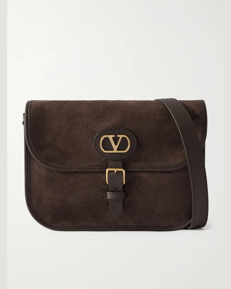 Valentino Garavani Antibes Full-Grain Leather-Trimmed Suede Messenger Bag Brown