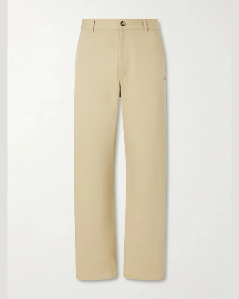 Loewe Logo-Embroidered Wide-Leg Cotton-Blend Drill Trousers Neutrals