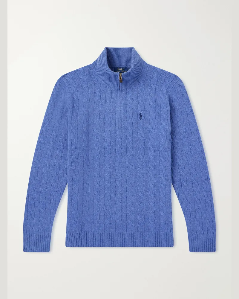 Ralph Lauren Logo-Embroidered Wool and Cashmere-Blend Half-Zip Sweater Blue