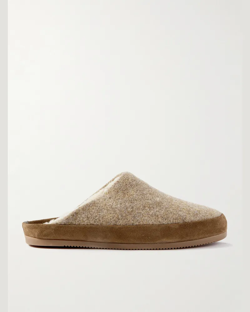 MULO Slippers aus recycelter Wolle mit Velourslederbesatz und Shearling-Futter Braun