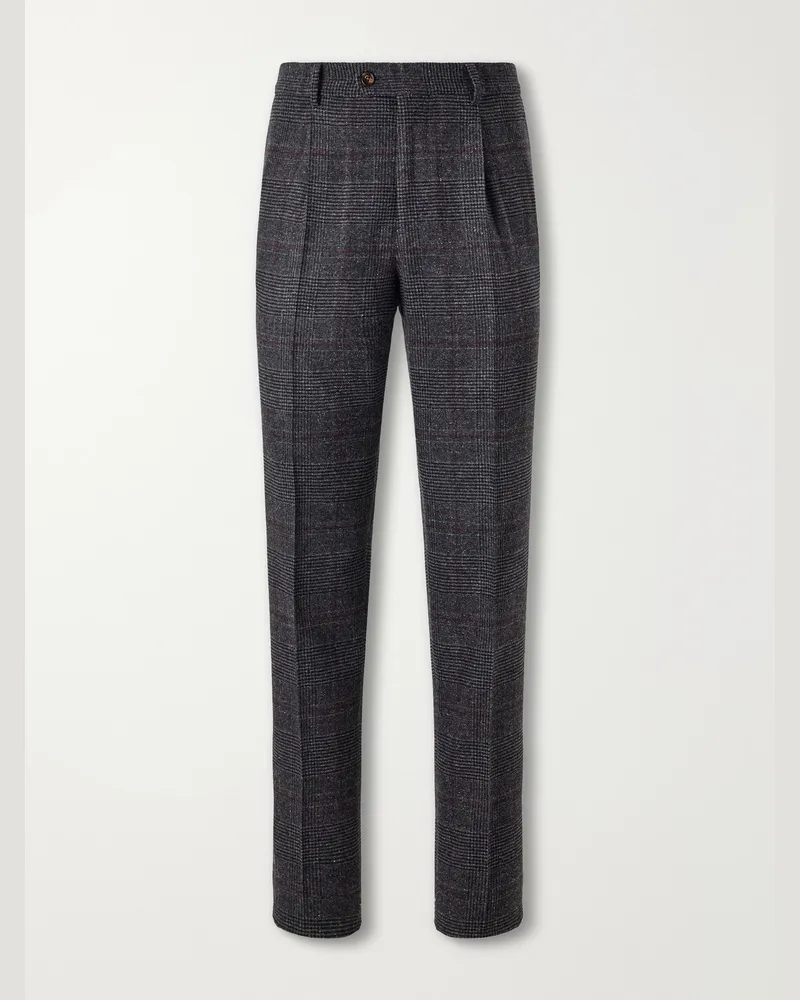 Brunello Cucinelli Lesire Straight-Leg Pleated Checked Silk, Wool and Cashmere-Blend Suit Trousers Brown