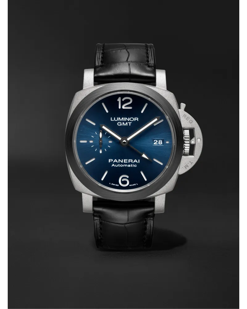 OFFICINE PANERAI Luminor GMT Automatic 42 mm Uhr aus Titan mit Alligatorlederarmband, Ref.-Nr. PAM01279 Blau
