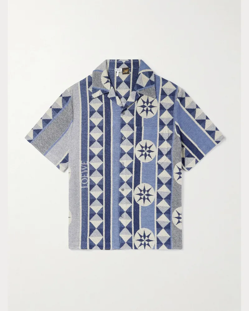 Loewe Paula Ibiza Camp-Collar Jacquard-Knit Cotton-Blend Terry Shirt Blue