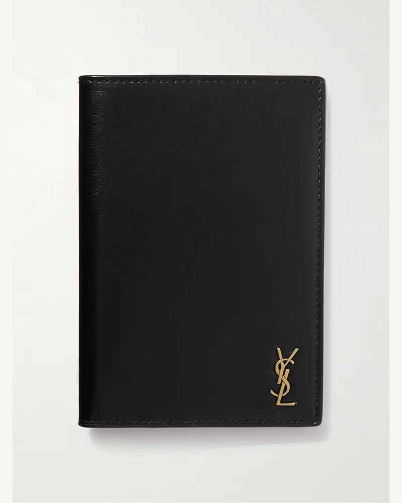 Saint Laurent Cassandre Logo-Embellished Glossed-Leather Passport Cover Black