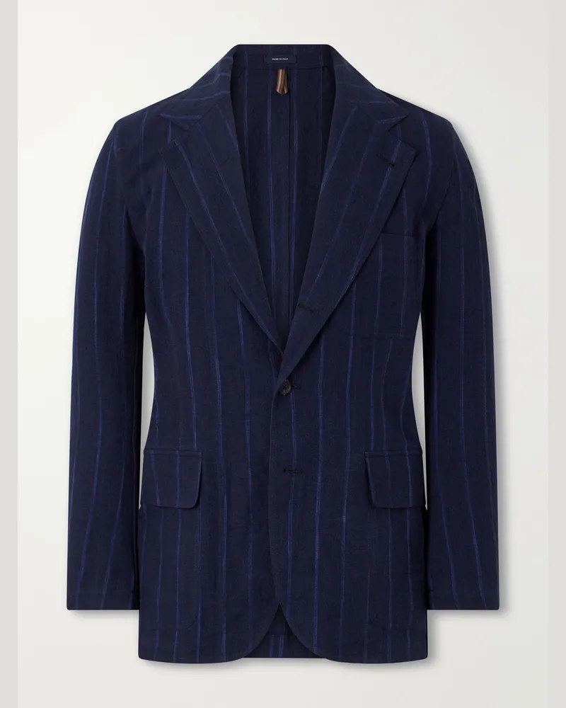 Drake's Games Pinstriped Linen and Cotton-Blend Suit Jacket Blue