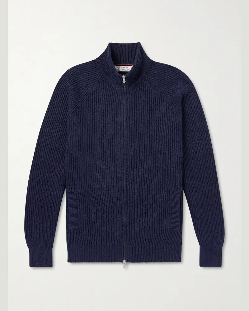 Brunello Cucinelli Ribbed Cotton Zip-Up Sweater Blue