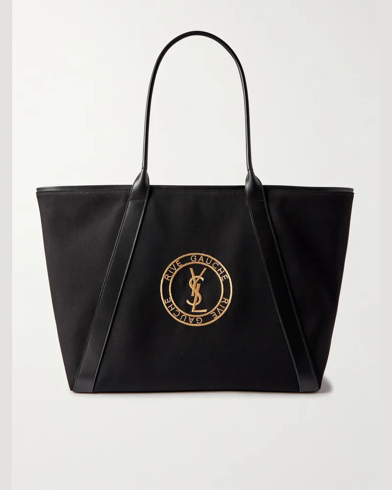 Saint Laurent Tote aus Baumwollgabardine mit Lederbesatz und Logostickerei Schwarz