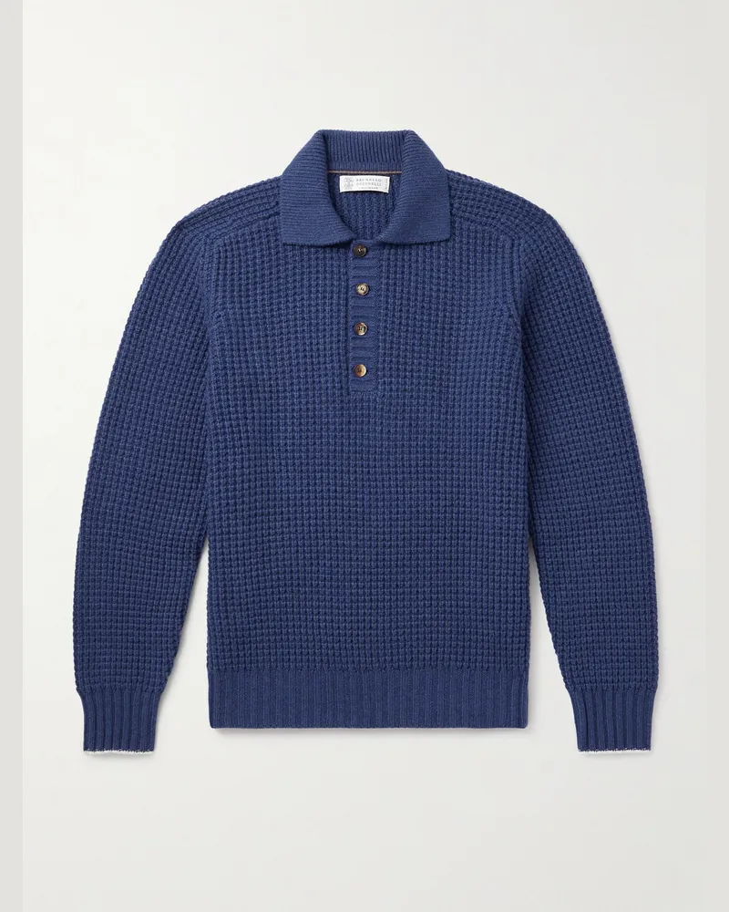 Brunello Cucinelli Waffle-Knit Cashmere Polo Shirt Blue