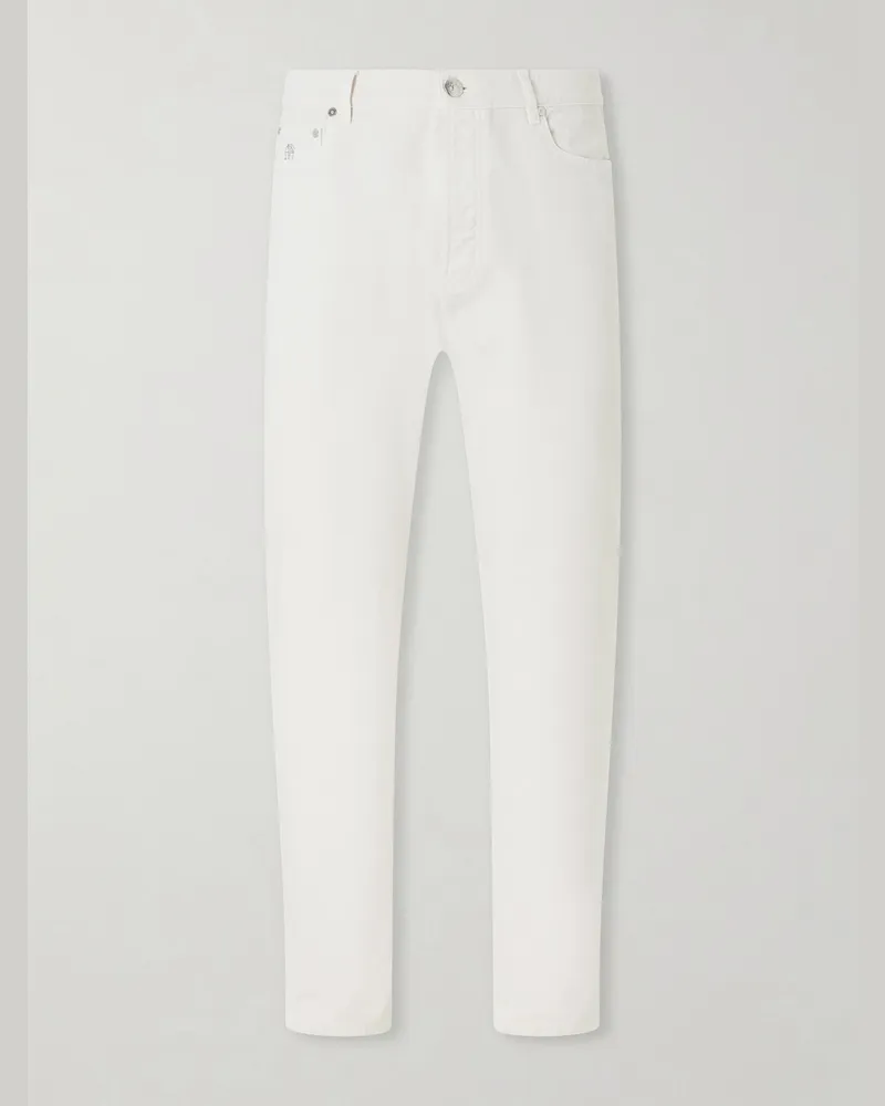 Brunello Cucinelli Slim-Fit Straight-Leg Logo-Embroidered Jeans Neutrals
