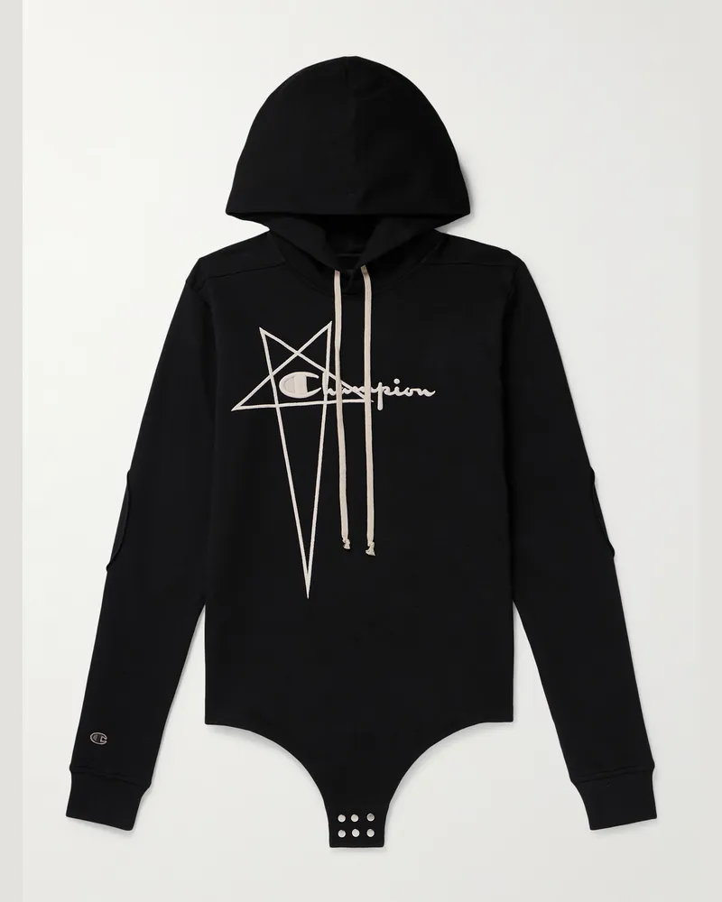 Rick Owens Champion Embroidered Organic Cotton-Jersey Hoodie Black