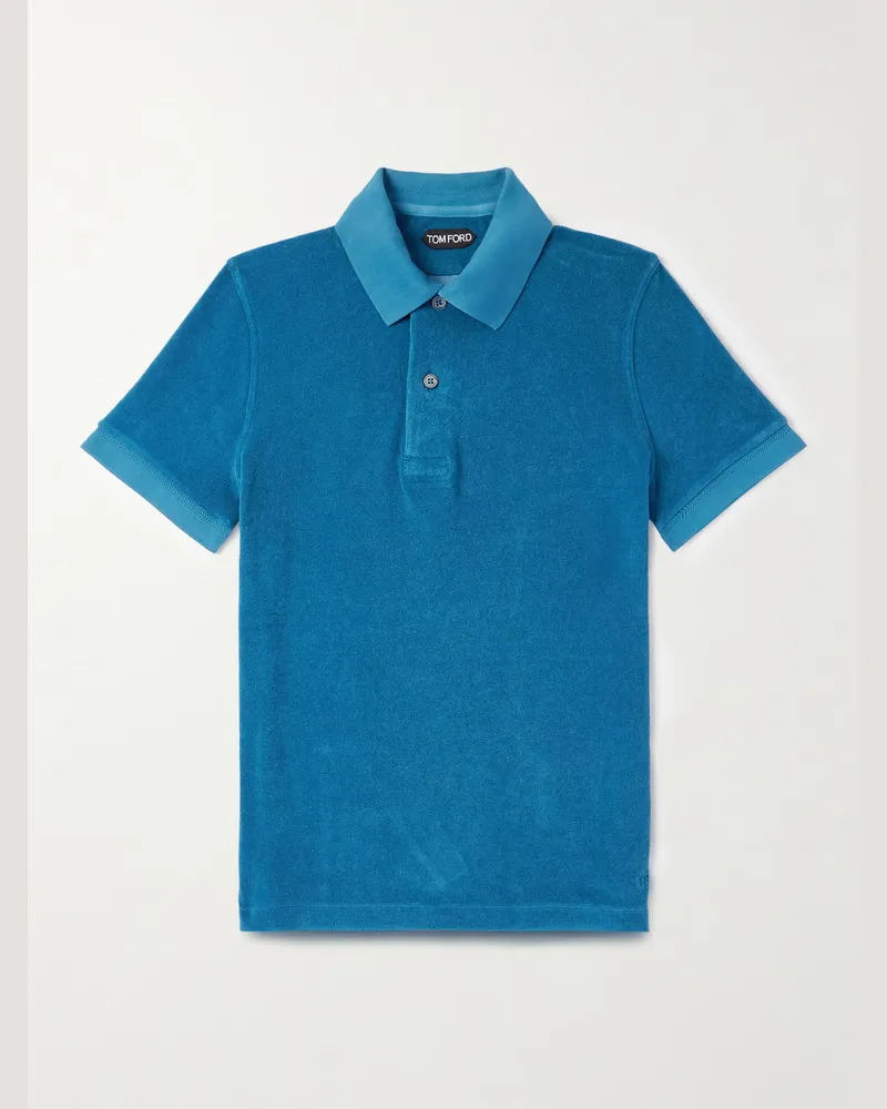 Tom Ford Schmal geschnittenes Polohemd aus Frottee aus einer Baumwollmischung Blau