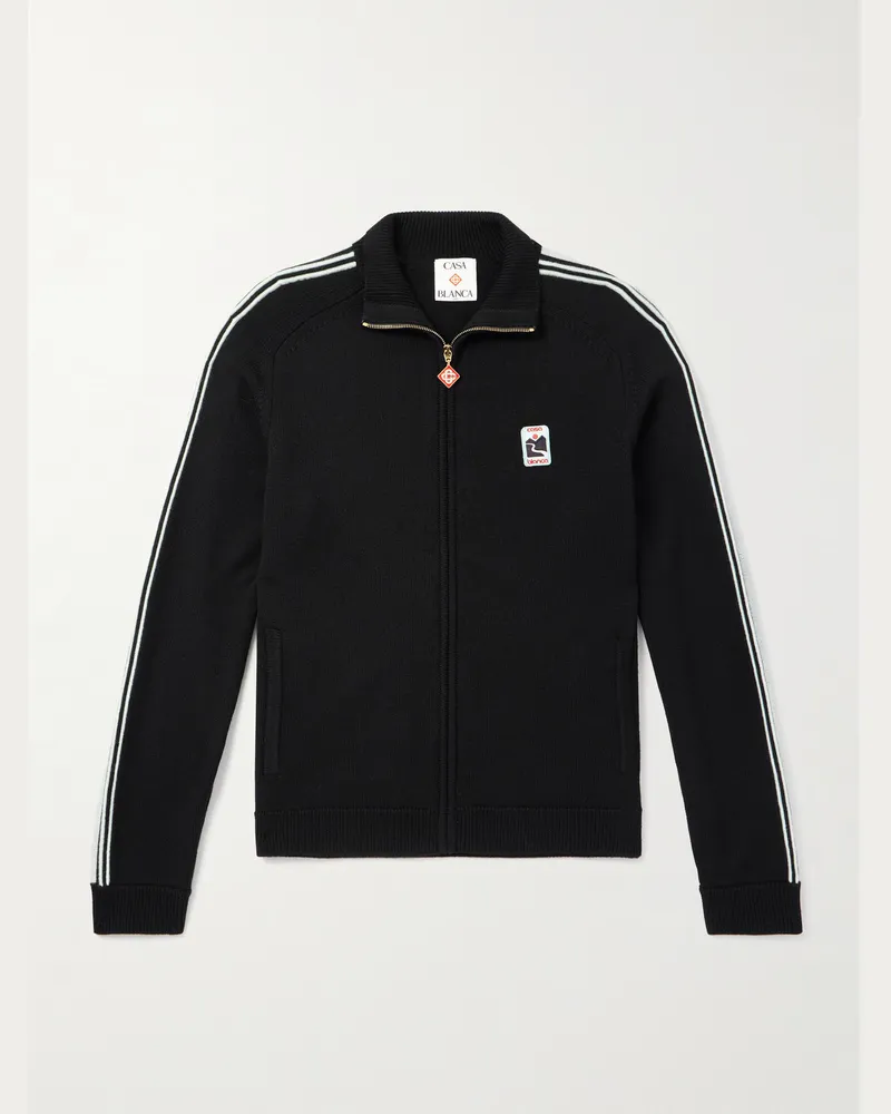Casablanca Paris Schmal geschnittene Trainingsjacke aus Merinowolle mit Streifen und Logoapplikation Schwarz