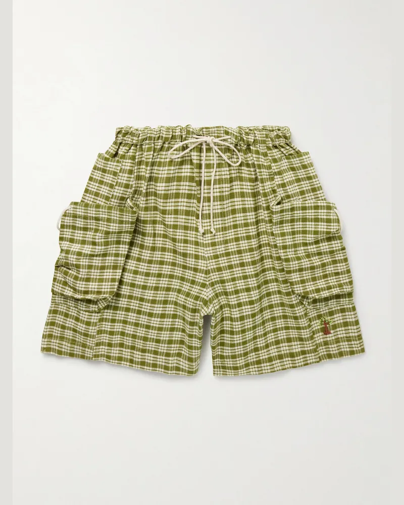 STORY mfg. Salt weit geschnittene Shorts aus kariertem Biobaumwoll-Canvas mit Kordelzugbund Grün