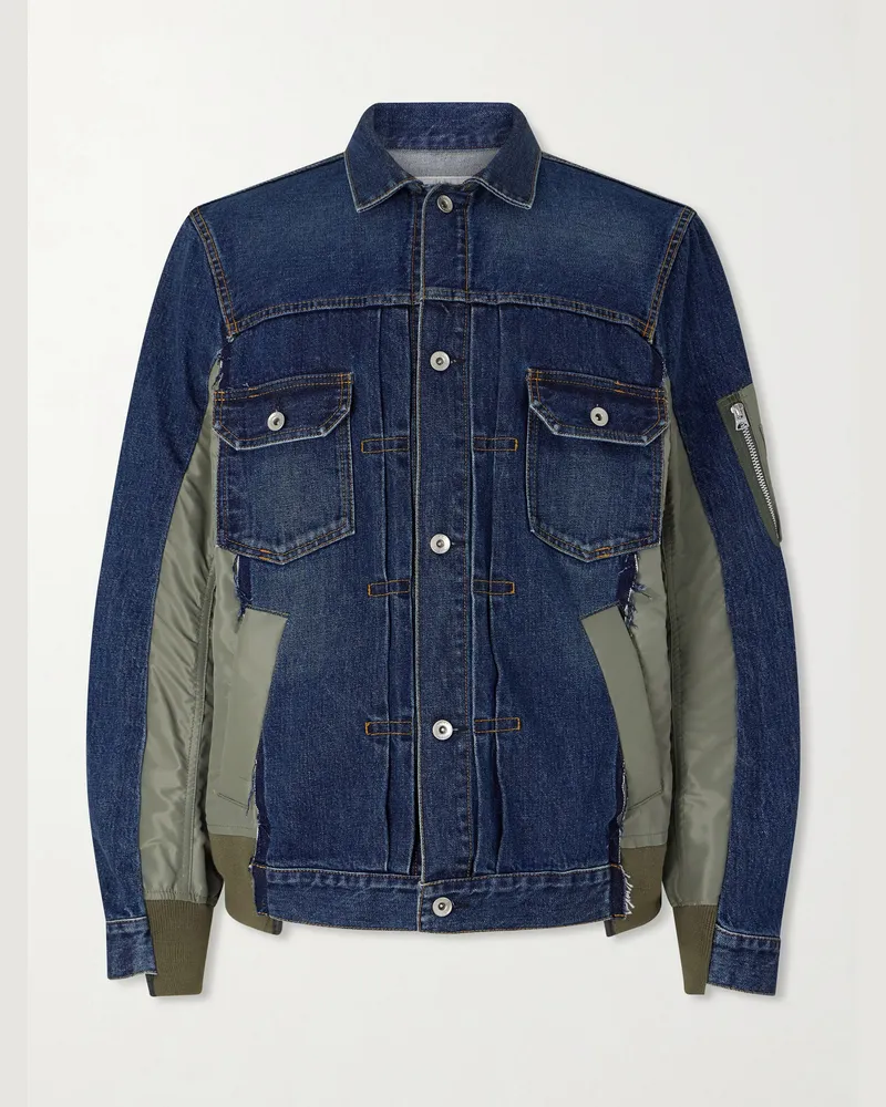 Sacai Distressed Shell-Trimmed Denim Jacket Blue