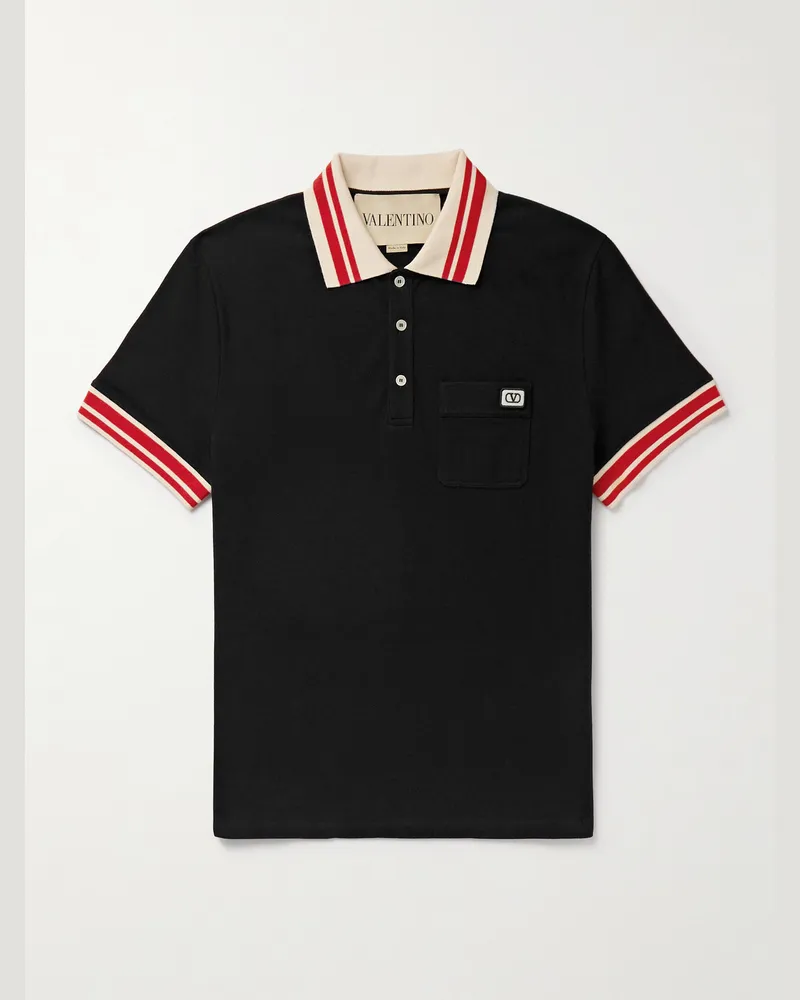 Valentino Garavani Logo-Appliquéd Striped Cotton-Piqué Polo Shirt Black