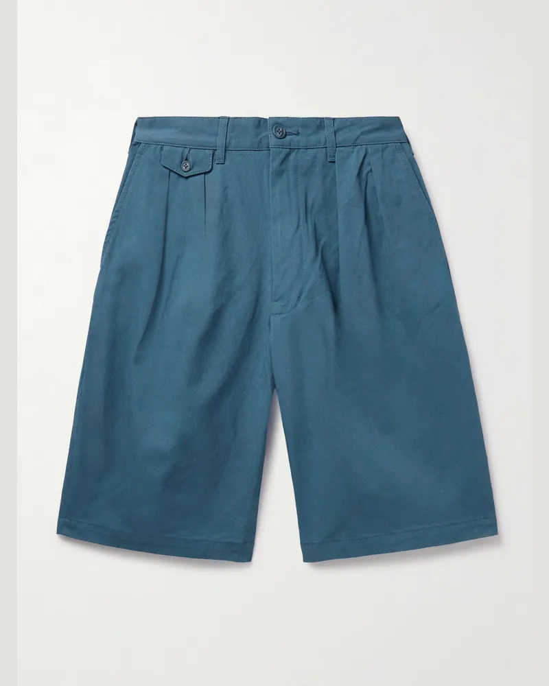 Beams Plus Wide-Leg Pleated Cotton-Twill Shorts Blue