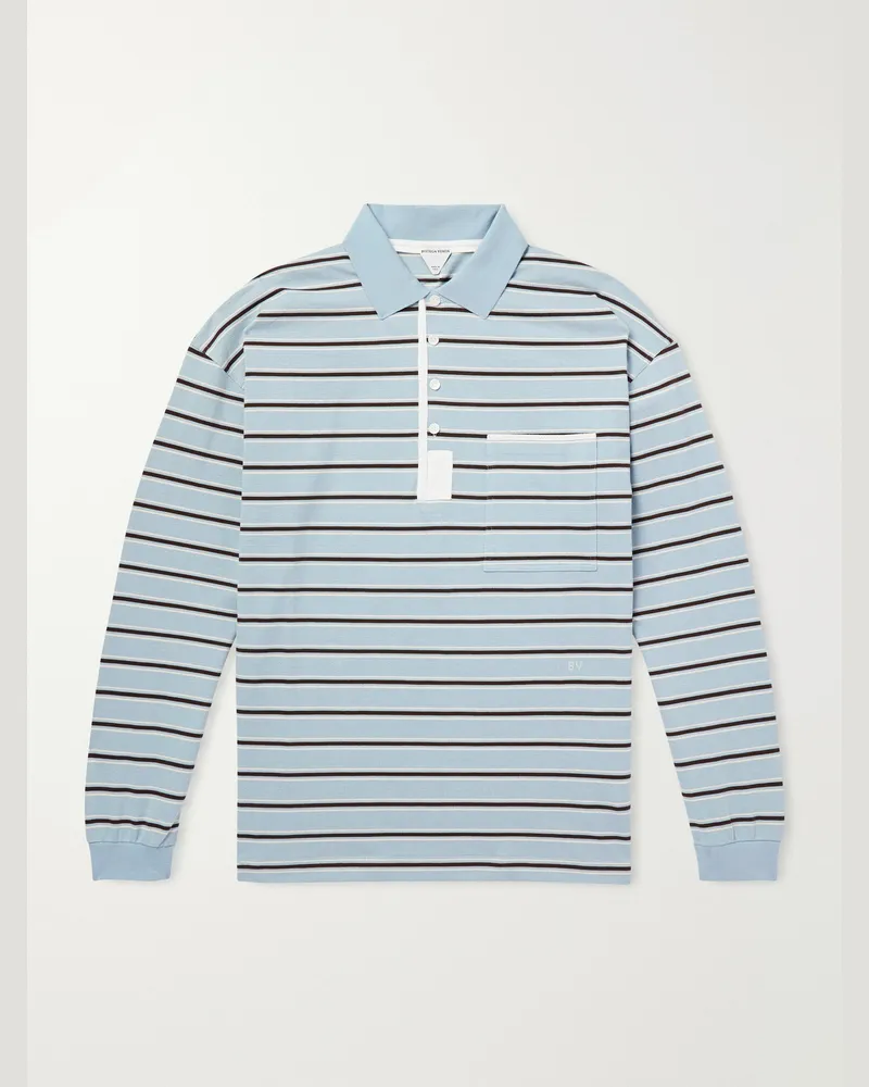 Bottega Veneta Striped Cotton-Piqué Polo Shirt Blue