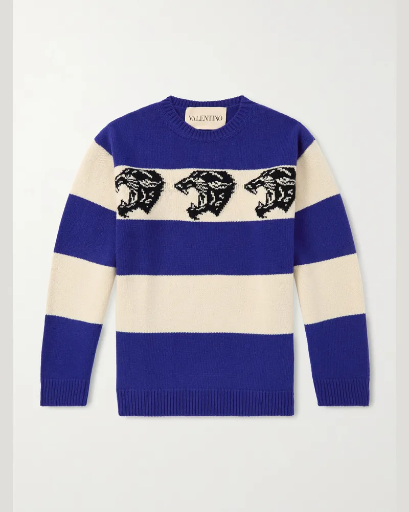 Valentino Garavani Striped Jacquard-Knit Wool Sweater Blue