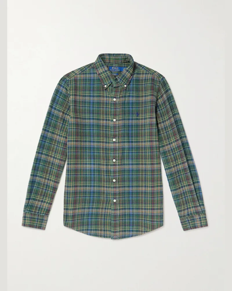 Ralph Lauren Hemd aus kariertem Baumwollflanell mit Button-Down-Kragen und Logostickerei Grün