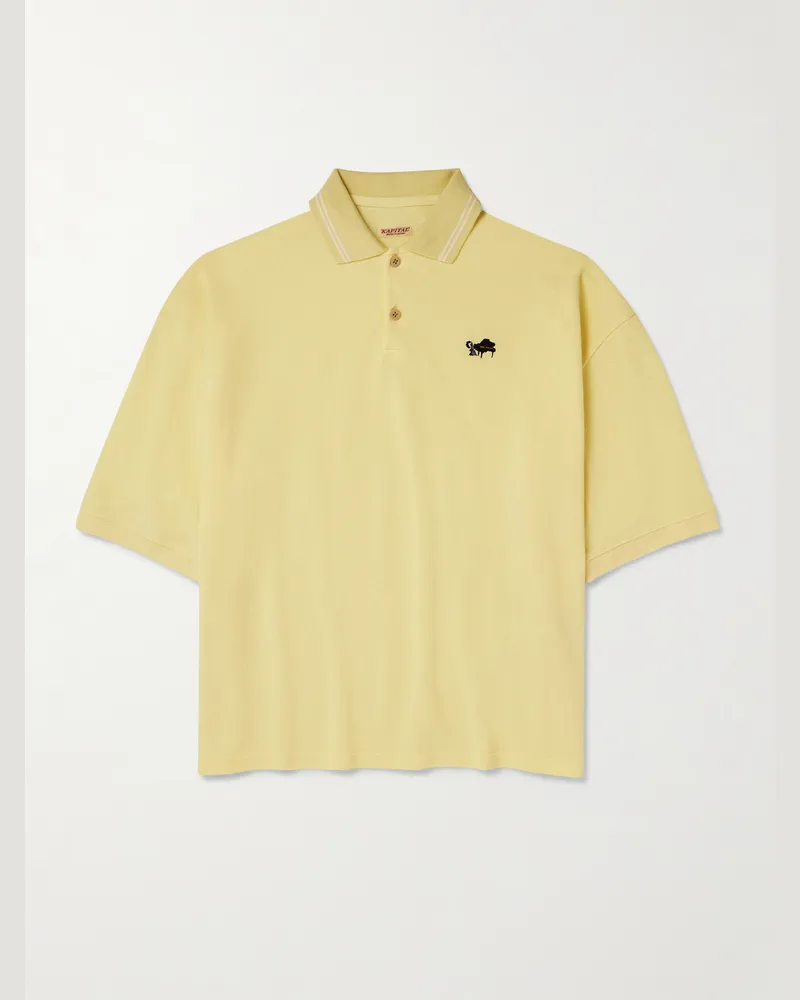 KAPITAL Box Striped Embroidered Cotton-Piqué Polo Shirt Yellow