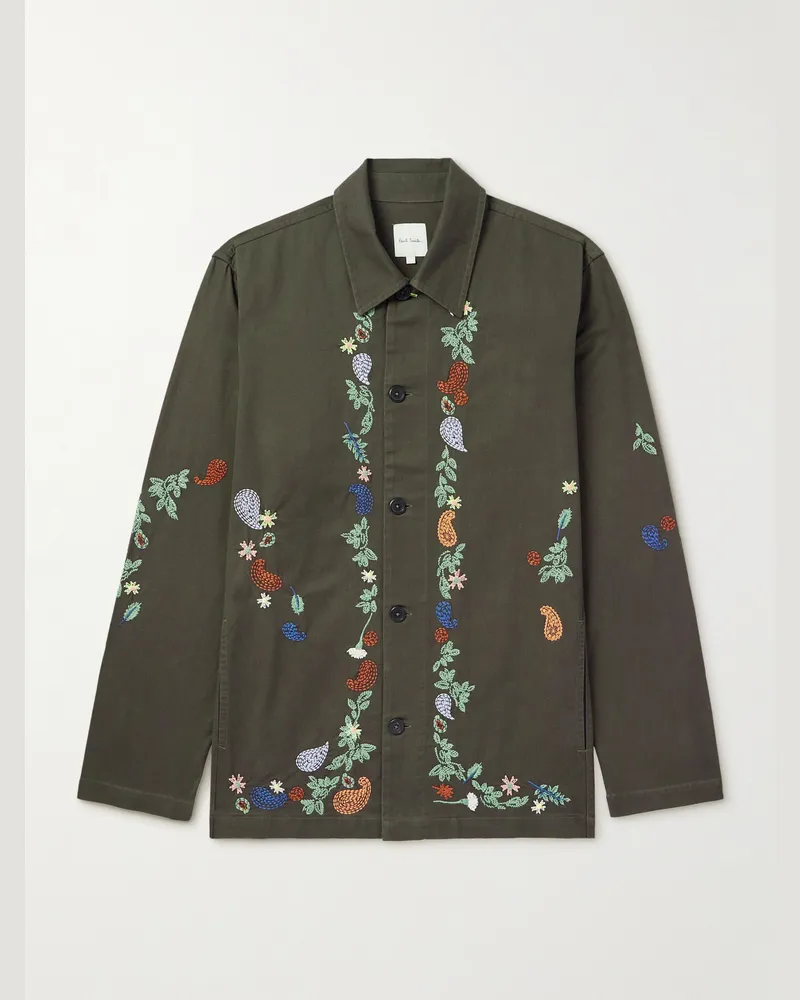 Paul Smith Embroidered Cotton-Twill Overshirt Green