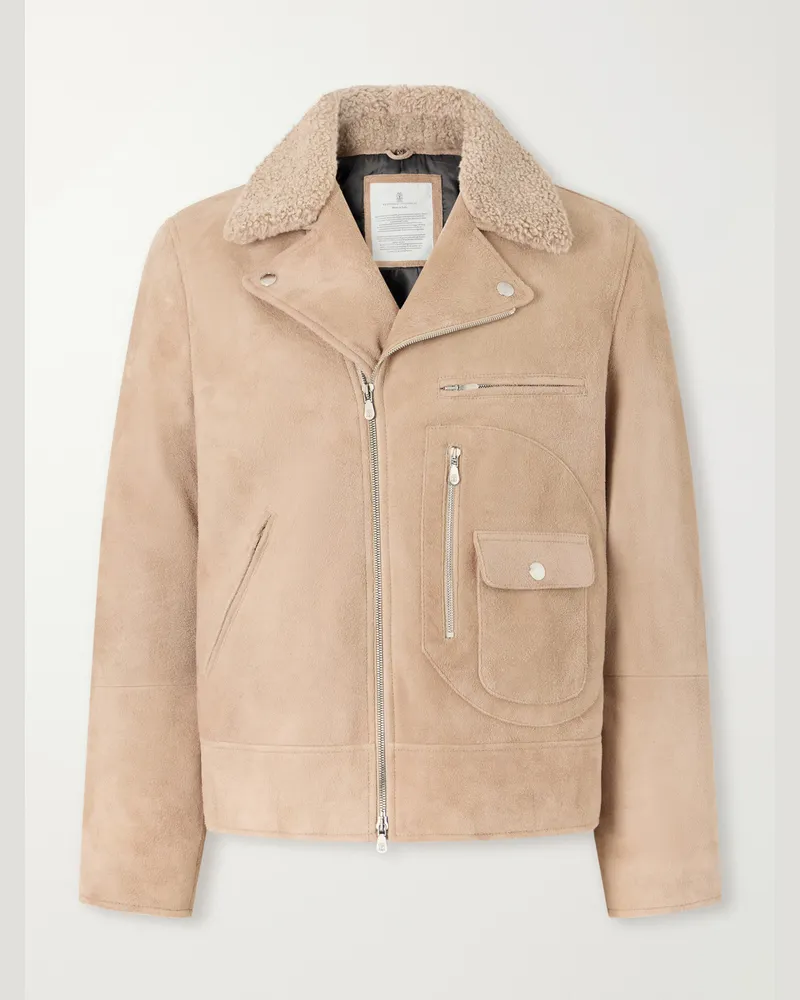 Brunello Cucinelli Shearling-Trimmed Suede Leather Biker Jacket Neutrals