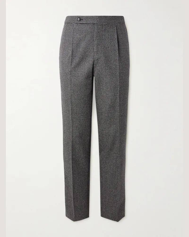 De Petrillo Slim-Fit Pleated Houndstooth Virgin Wool Trousers Gray