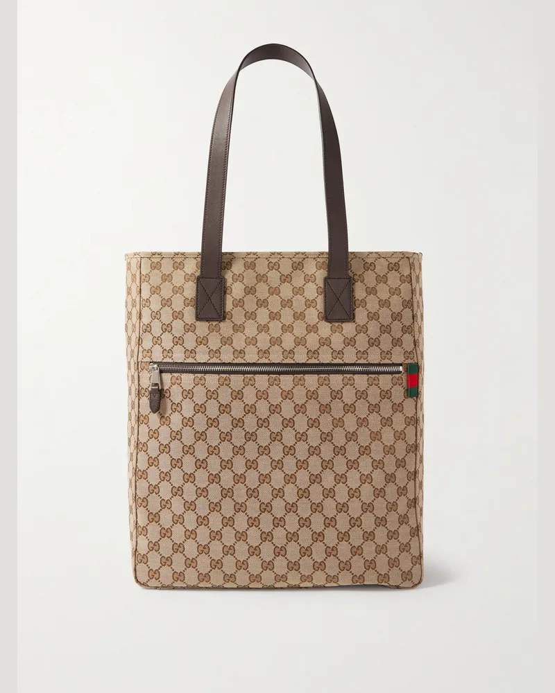 Gucci Neo Tote aus Leder und Baumwoll-Canvas mit Ripsband-Besatz und Logomuster Braun
