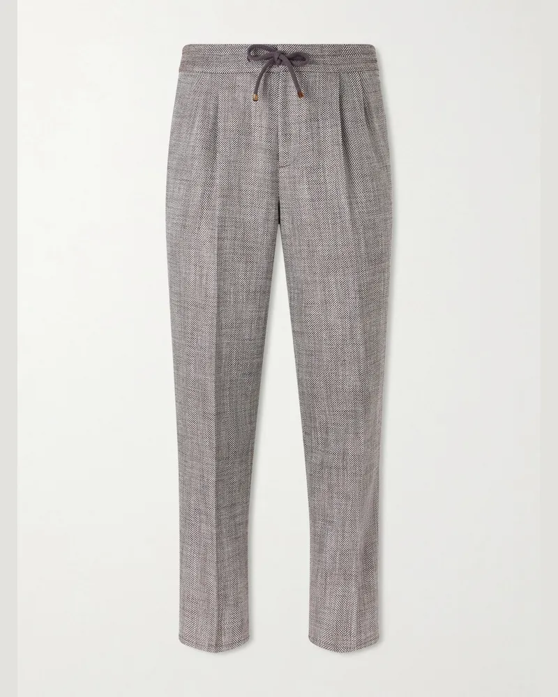 Brunello Cucinelli Straight-Leg Pleated Herringbone Trousers Brown