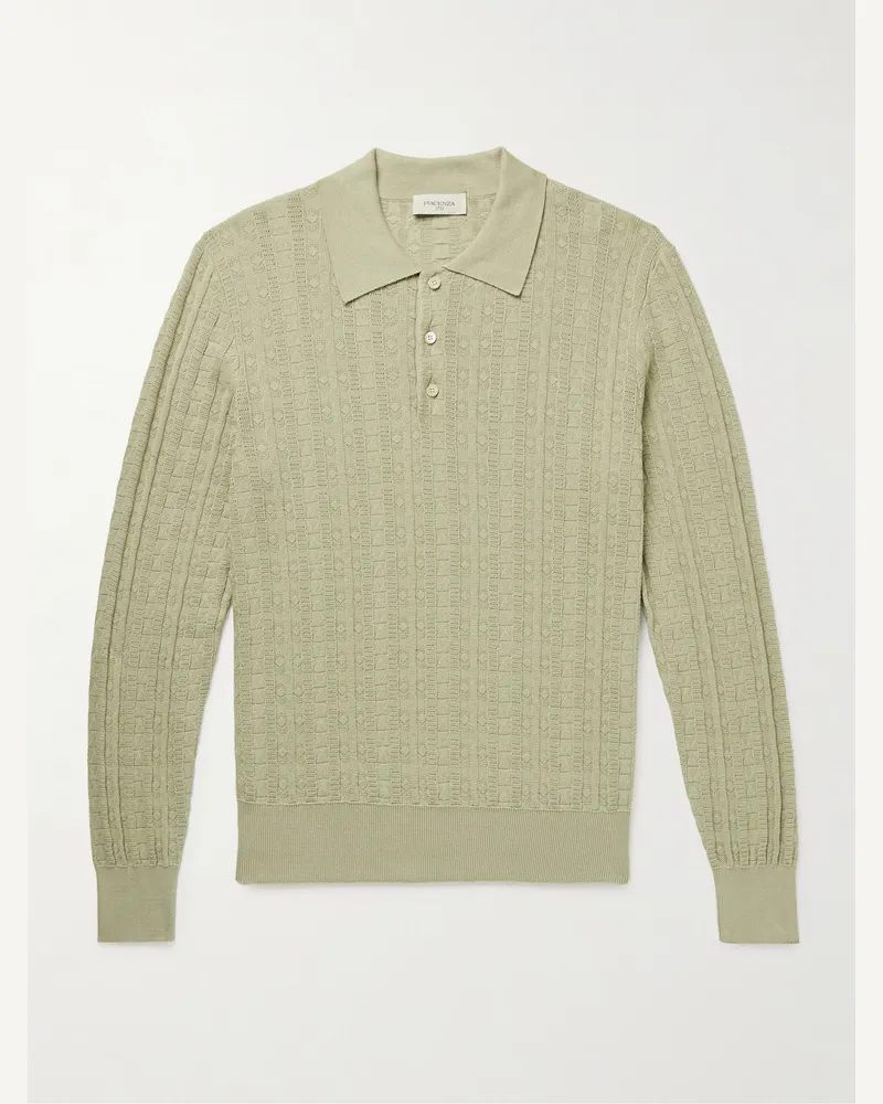 PIACENZA 1733 Schmal geschnittener Pullover aus einer Seiden-Baumwollmischung in Pointelle-Strick mit Polokragen Grün