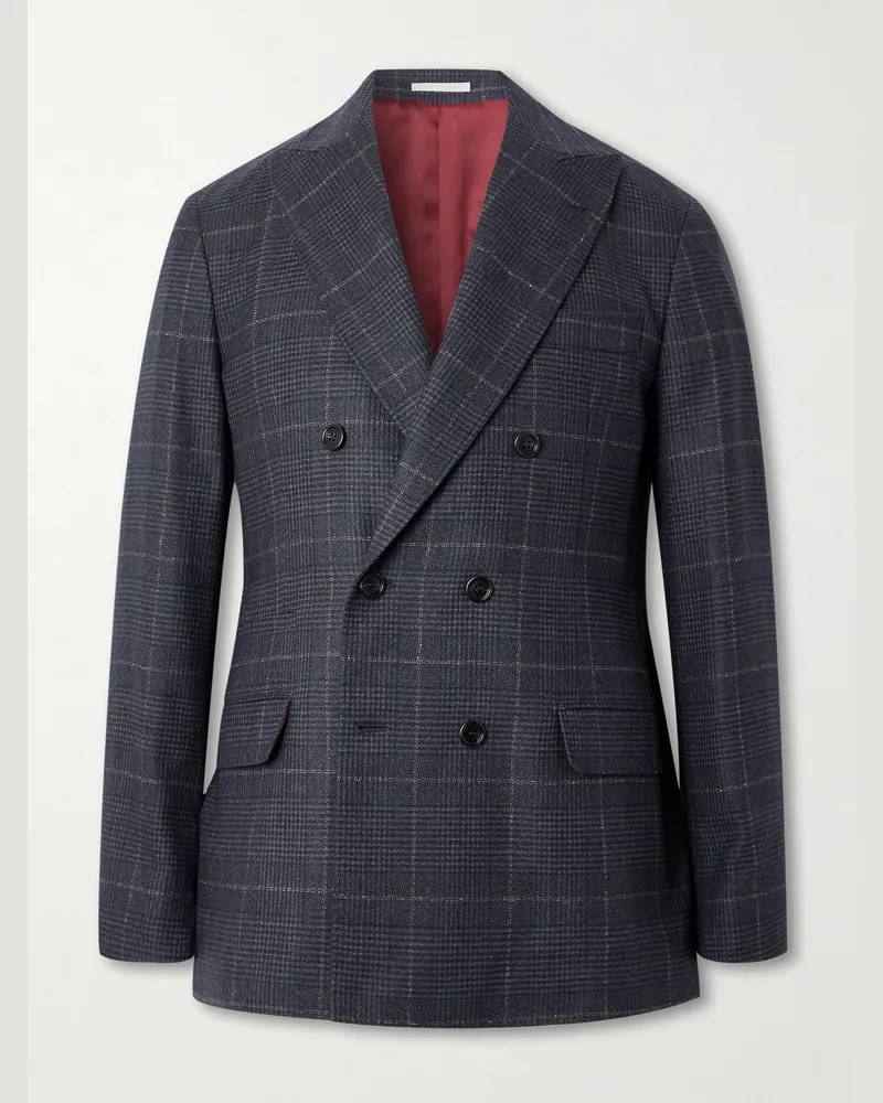 Brunello Cucinelli Checked Double-Breasted Cashmere and Virgin Wool-Blend Suit Jacket Gray
