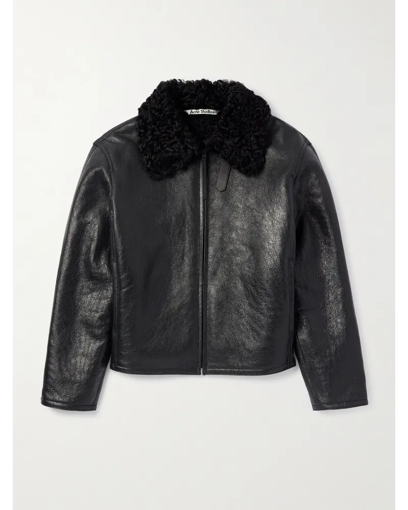 Acne Studios Jacke aus Craquelé-Leder mit Shearling-Besatz Schwarz