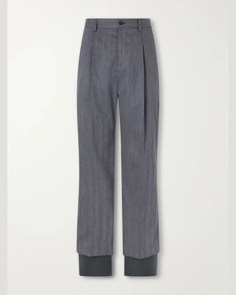 Valentino Garavani Straight-Leg Pleated Herringbone Virgin Wool Trousers Gray